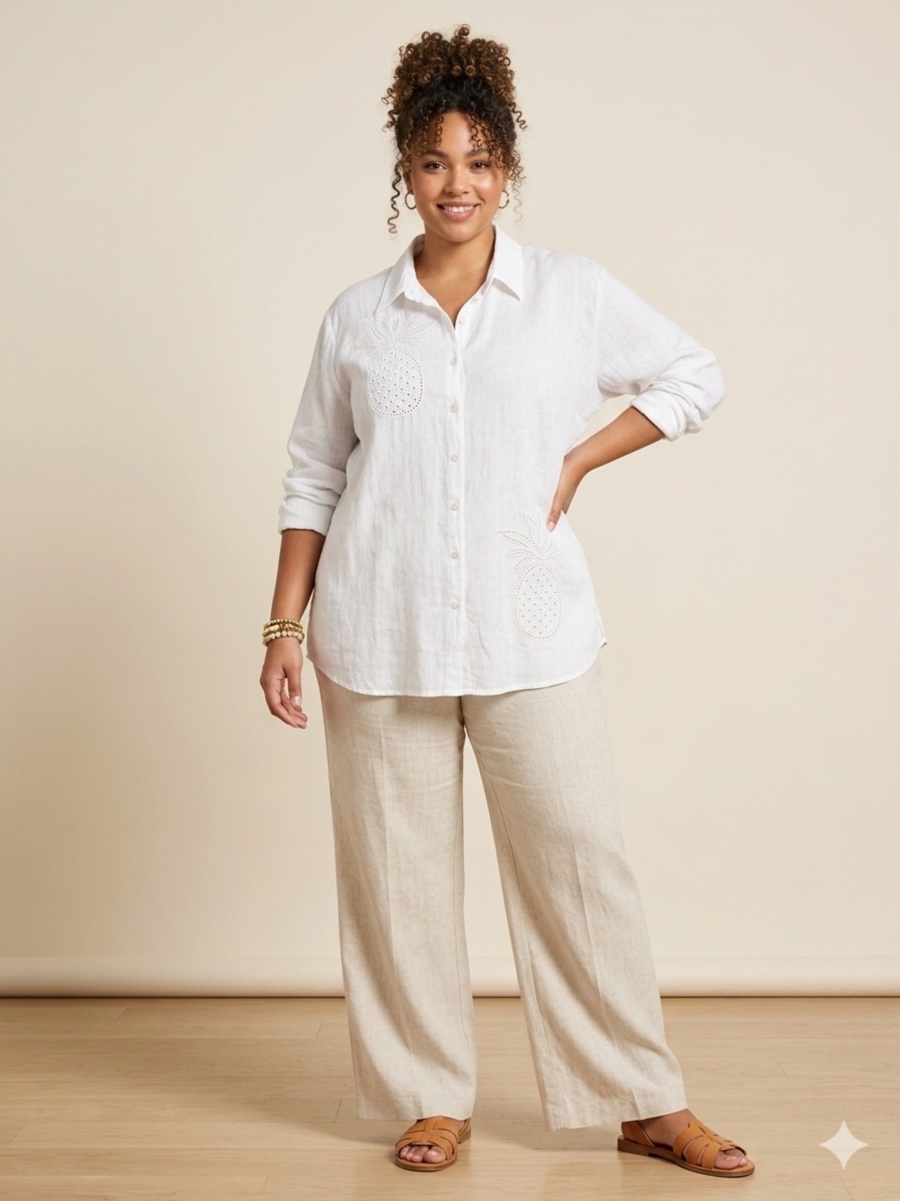 Calypso St. Barth White Rayon Blouse Pineapple Embroidery Button Down Plus 3X